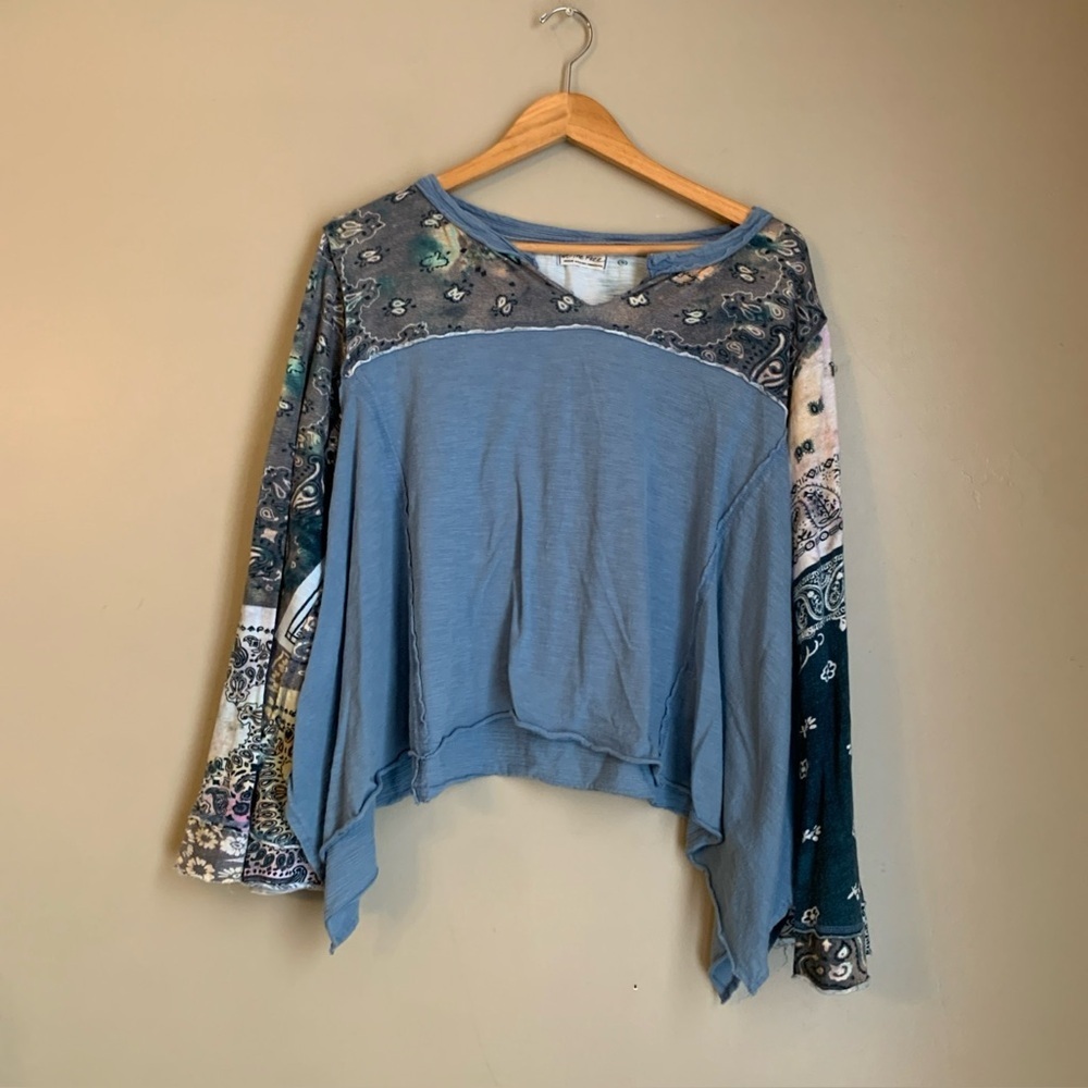 We The Free Free People Shirt Top Bell Flair Long Sleeve Mixed Fabrics Bohemian